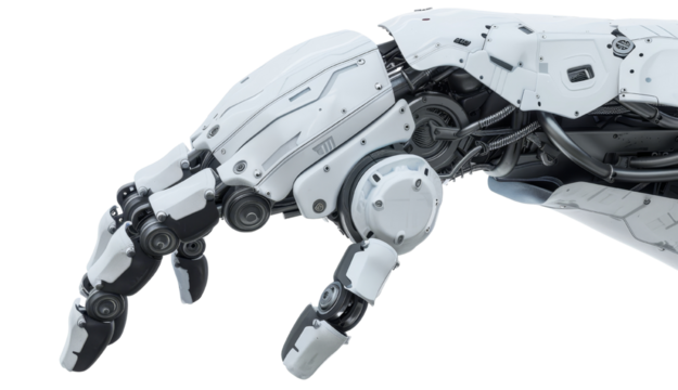 Close-up of a futuristic robotic hand with intricate mechanical details, illustrating advanced technology and automation.