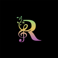 Initial R music icon logo. creative artist musical group band vector with leaf grow success idea