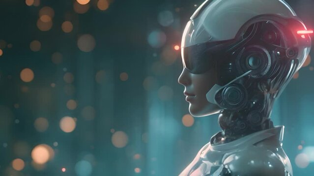 A detailed side profile of a futuristic robot with advanced mechanical components and a sleek design, set against a backdrop of glowing bokeh lights, representing cutting-edge AI and robotics technolo