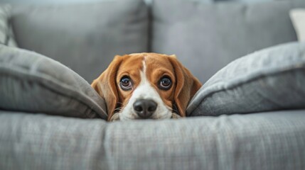 A beagle dog with brown and white fur peeks over the edge of a gray couch. The dogs ears are floppy and its eyes are wide open. - Powered by Adobe