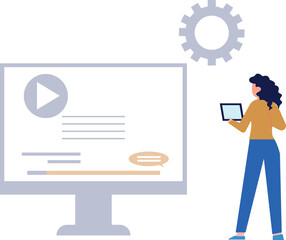 A girl stands in front of a monitor watching a video.