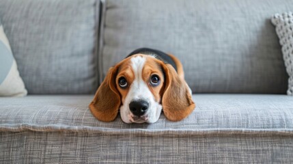 A Beagle dog lies on a grey couch, looking directly at the camera with big, brown eyes. - Powered by Adobe