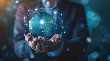 person holding planet with connections. globalization concept, digital age, technology, connections, company, virtual