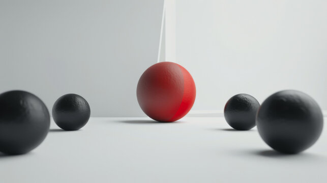 A single red sphere stands out among black spheres on a minimalistic white background, symbolizing uniqueness and contrast.