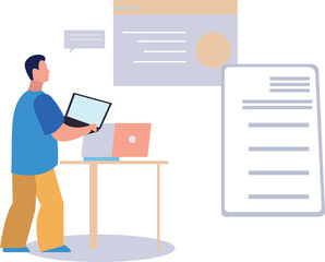 Boy working online on laptop.