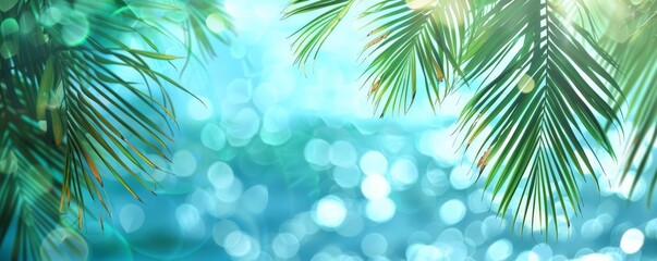 The Summer Vacation Concept - Blurred Blue Sky And Sea With Bokeh Light and Leaves Palm Tree