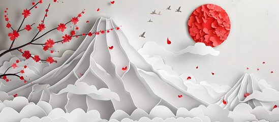 3D wallpaper wall print, paper cut Fuji mountain with red cherry blossoms