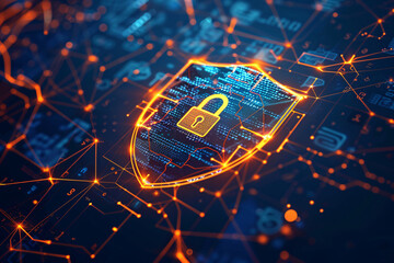 An illustration depicting cyber security and data protection, showcasing a shield with a padlock symbol over a digital network. The background features interconnected nodes representing the internet