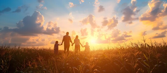Family of four holding hands, walking in a field at sunset with corn plants growing around them