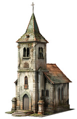 Fototapeta premium Old rustic church with a tall steeple, weathered walls, and historic architecture. Perfect for illustrating medieval or historical themes.