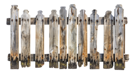 Old wooden fence with weathered boards isolated on white background. Ideal for rustic, vintage, and architecture design projects.