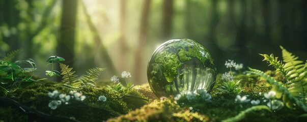 The environment concept of a globe glass surrounded by green forest with sunlight