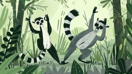 Animated lemurs doing yoga in a forest morning light