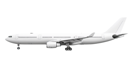 Side view of a large, modern commercial airplane isolated against a white background, perfect for aviation or travel-related content.