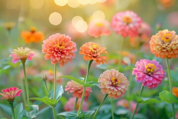 Beautiful garden with vibrant orange and pink flowers in bloom, capturing the essence of spring and nature's colorful beauty during sunrise.