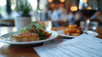 Close-up of a delicious meal on a restaurant table with a menu in the foreground, creating a sophisticated dining atmosphere.