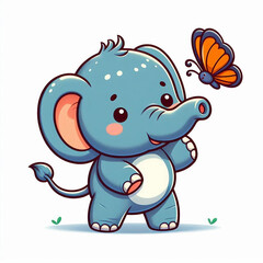 Fototapeta premium A little elephant is writing in an open field with many butterflies