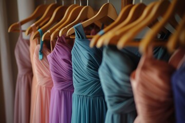 Elegant Collection of Bridesmaid Dresses in Various Shades Hanging on Wooden Hangers in Boutique. Fashion concept.