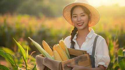 Smiling Female Farmer Holding Box of Freshly Harvested Corn in Sunlit Field