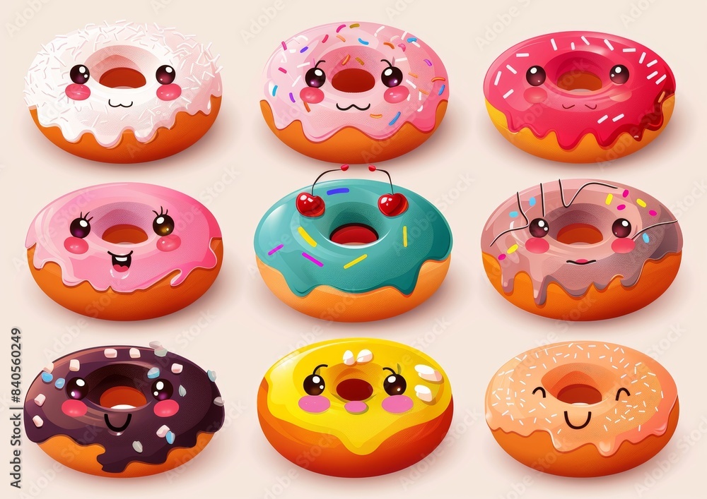 Wall mural Isolated hand drawn donuts with various emotions. Coloured modern set. - Wall murals