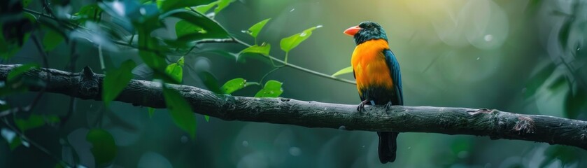 Obraz premium In the heart of the forest, a photographer lies in wait, camera poised to capture the perfect shot of a rare bird perched on a branch. The vibrant colors of the bird contrast beautifully with the