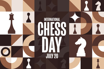 International Chess Day. July 20. Holiday concept. Template for background, banner, card, poster with text inscription. Vector EPS10 illustration.