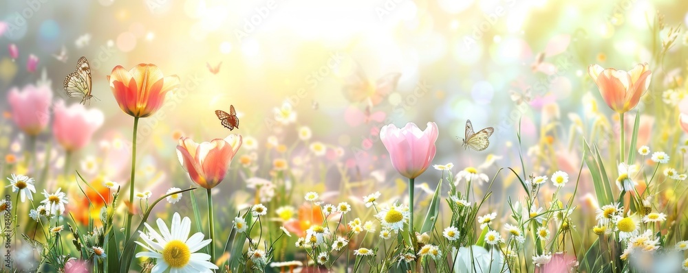 Poster poppies and daffodils flowering on a field of grass in spring with a defocused abstract landscape