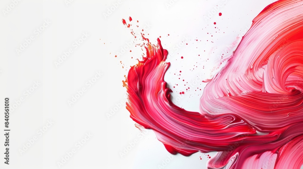 Poster vibrant abstract brushstroke in red and pink shades creating a dynamic swirling design on a white ba