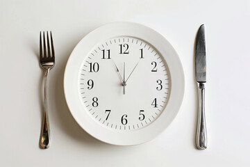 Clock plate with fork and knife concept of intermittent fasting or meal timing on a white background.