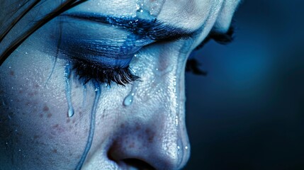 Close-up of a woman crying with tears running down her face, showcasing intense emotions and sadness in a dramatic, dark blue setting.