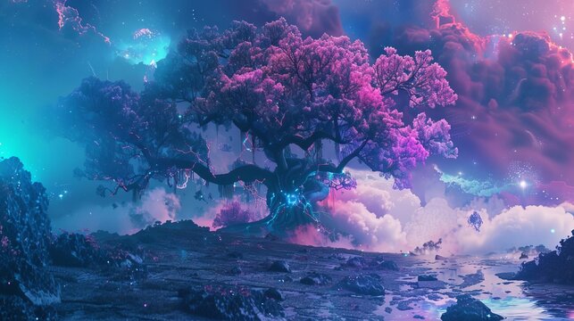 mythical tree of knowledge in surreal vaporwave landscape with floating artifacts digital art