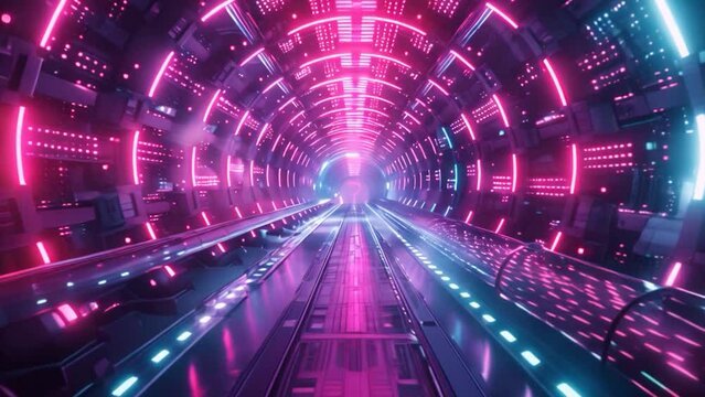 A vibrant, neon-lit futuristic tunnel with dynamic lighting and advanced technology, creating an immersive and high-tech atmosphere that evokes a sense of excitement and mystery.