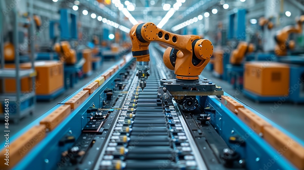 Poster robotic arm working on an automated assembly line in a modern factory setting, showcasing advanced i