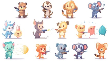 Obraz premium A cartoon savannah scene with a proud lion, a joyful elephant, and a graceful gazelle, 