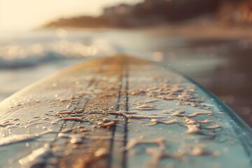 A detailed shot of a surfboard being waxed, with a blurred beach background providing ample copy space for surf shop or beach lifestyle promotions