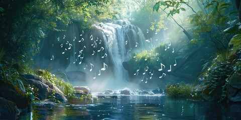 Serene Waterfall Melodies: Music Notes Drifting in the Mist of a Tranquil Waterfall Scene