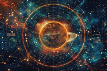 Fototapeta premium Abstract planet and space background. Astrology chart with stylized planetary alignment around. System of planets. Beautiful galaxy background