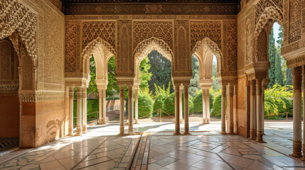 Obraz premium A beautifully detailed courtyard with ornate arches and lush greenery, showcasing intricate historical architecture and design elements.