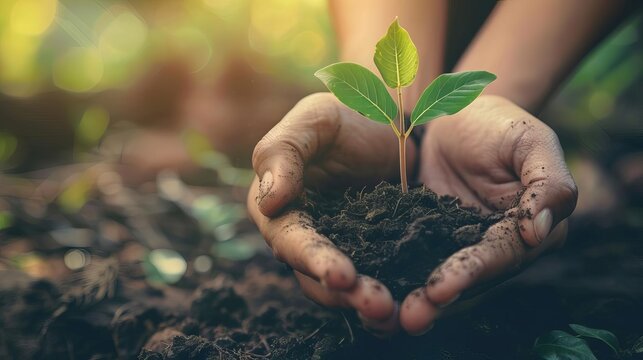nurturing hands holding growing sapling environmental protection and reforestation concept