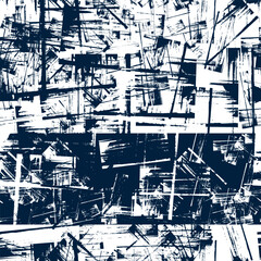 Abstract black and white vector seamless background of stripes, scuffs, noise, roughness, circles, squares and rectangles. Random Repeating Pattern