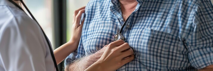 The doctor listen to the heartbeats of the overweight patient using a stethoscope, detecting murmurs, irregularities, and heart palpitations. Obesity is affecting middle-aged men's health.