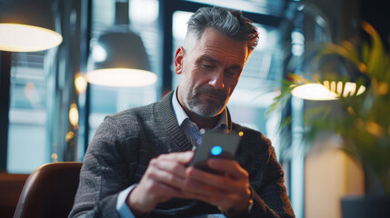 Business professional updating social media status on smartphone while seated in a cozy, modern cafe with ambient lighting.