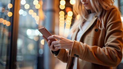 Business professional updating social media status on smartphone, standing in modern office with bokeh lights in the background.