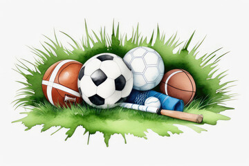 Sports equipment on green grass in watercolor stile, active lifestyle sports. Healthy lifestyle.