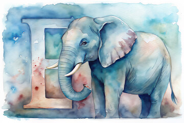 Adorable watercolor illustration of a baby elephant with the letter E.