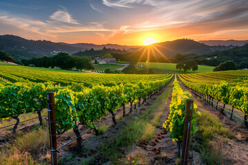 Naklejka premium A scenic vineyard at sunset with rows of grapevines and a farmhouse in the distance, capturing the tranquility and beauty of rural life