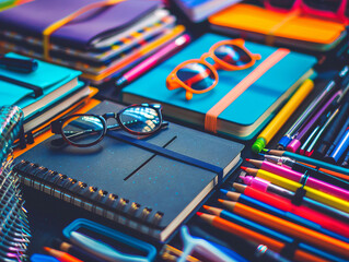 Close-up of trendy school supplies including notebooks, pens, and glasses arranged neatly on a vibrant tabletop.