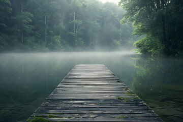 Fototapeta premium A tranquil scene of a wooden dock extending into a serene lake, surrounded by lush forest, with morning mist rising from the water