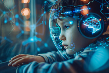 Naklejka premium Personalized education AI: Show a child learning through AI tailored to their interests and pace