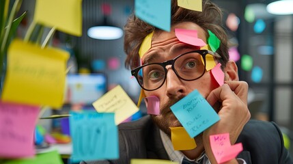 overworked businessman covered in colorful sticky notes looking thoughtful and overwhelmed in office